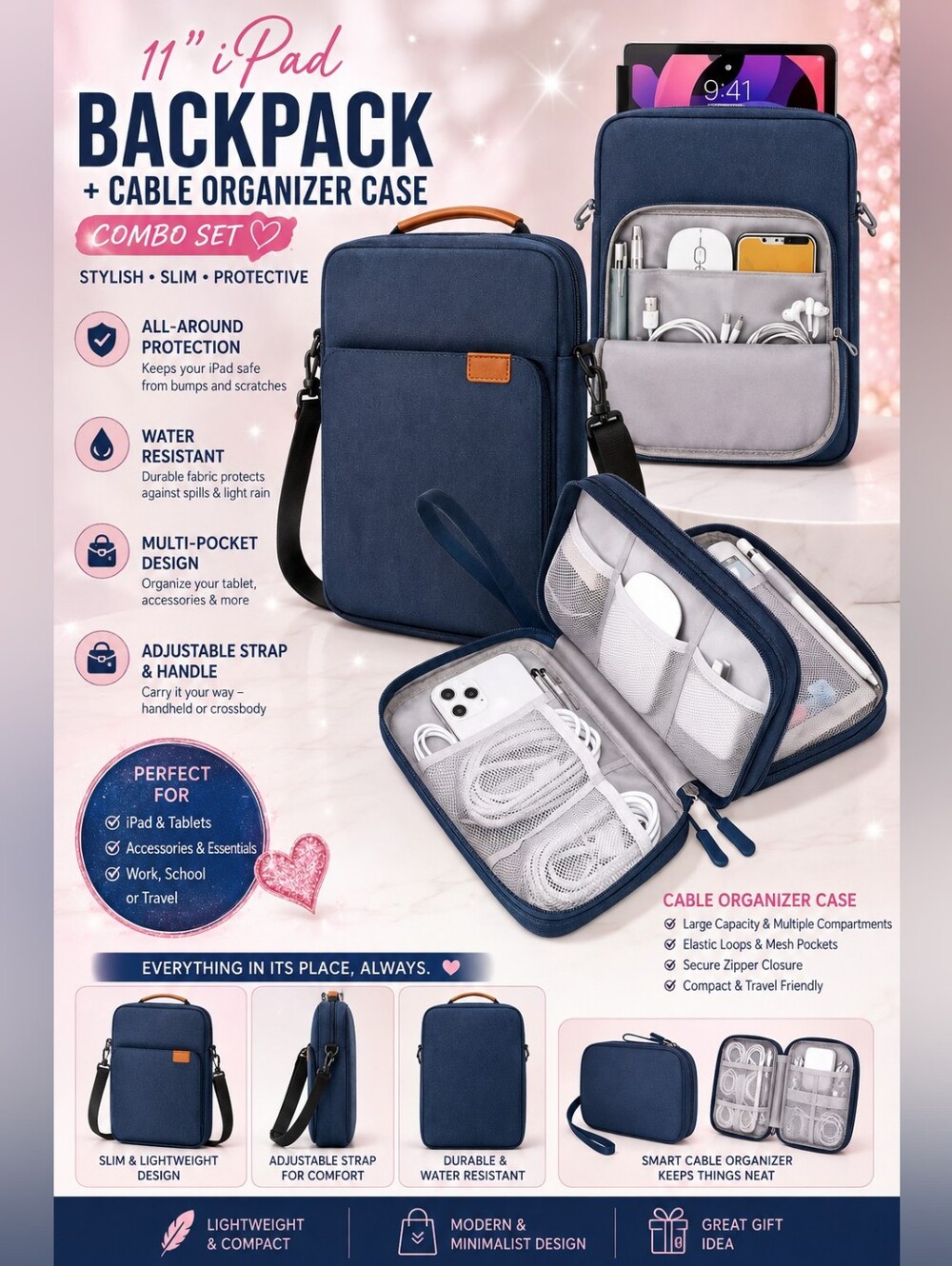 11" IPAD BACKPACK & CABLE ORGANIZER CASE – 2-PIECE COMBO SET 💙 "NEW" Blue Color